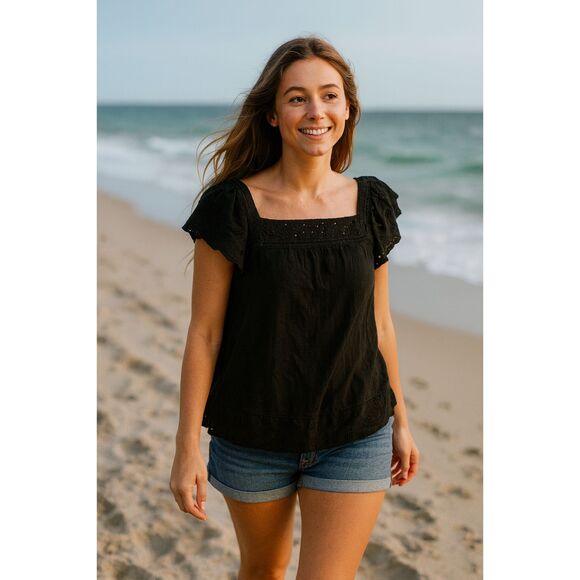 Vince Camuto Top S Black Flutter Sleeve Square Neck Eyelet Boho Chic Casual - Picture 1 of 9